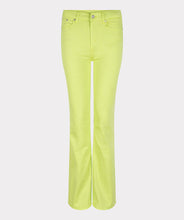 Load image into Gallery viewer, Color, color and more color! A beautiful flair basic denim pant in a striking lime color is a must-have this season. These pants taper to a wider leg and functional five pockets. Color- Lime. Tapers to wider leg. Functional five pockets. Silver buttons and hardware. EsQualo Jeans label. Fabric-97% Cotton. 3% Spandex.
