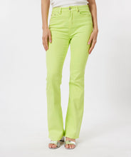 Load image into Gallery viewer, Color, color and more color! A beautiful flair basic denim pant in a striking lime color is a must-have this season. These pants taper to a wider leg and functional five pockets. Color- Lime. Tapers to wider leg. Functional five pockets. Silver buttons and hardware. EsQualo Jeans label. Fabric-97% Cotton. 3% Spandex.
