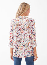 Load image into Gallery viewer, This stylish top is an ideal choice for special occasions and your everyday wardrobe alike. Boasting a colorful, modern and fun design, it features roll up sleeves and smocking detail. Colors- Colorful Grasses; White, light blue, dark blue, orange, lilac, red. Button down. Roll up tab sleeve. Smock detail on back. Fabric -100% Viscose.