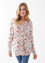 Load image into Gallery viewer, This stylish top is an ideal choice for special occasions and your everyday wardrobe alike. Boasting a colorful, modern and fun design, it features roll up sleeves and smocking detail. Colors- Colorful Grasses; White, light blue, dark blue, orange, lilac, red. Button down. Roll up tab sleeve. Smock detail on back. Fabric -100% Viscose.