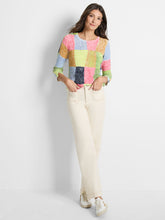 Load image into Gallery viewer, Designers went above and beyond with our Gail sweater, expanding and improving the check pattern to produce a unique vibrant color block design. The silhouette is pull-on and features a round neckline and 3/4 length sleeves with a charming cut at the cuff for added detail. Comfortable all day long, it can be worn as a top, a layer, or under a blazer or jacket.