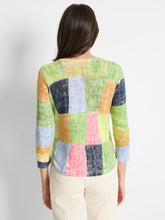 Load image into Gallery viewer, Designers went above and beyond with our Gail sweater, expanding and improving the check pattern to produce a unique vibrant color block design. The silhouette is pull-on and features a round neckline and 3/4 length sleeves with a charming cut at the cuff for added detail. Comfortable all day long, it can be worn as a top, a layer, or under a blazer or jacket.