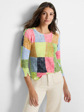 Load image into Gallery viewer, Designers went above and beyond with our Gail sweater, expanding and improving the check pattern to produce a unique vibrant color block design. The silhouette is pull-on and features a round neckline and 3/4 length sleeves with a charming cut at the cuff for added detail. Comfortable all day long, it can be worn as a top, a layer, or under a blazer or jacket.