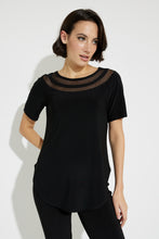 Load image into Gallery viewer, Every lady needs a basic black top in their closet that essentially pairs with every bottom owned. This basic black, short sleeve, tunic length top is anything but basic though! Sheer trim detailing around the neckline, enhances and elevates the look of our Blaire short sleeve top. Elevate your everyday look with this fabulous top. Color -Black. Sheer trim detailing around neckline. Pullover. Tunic length. Short sleeve. Scoop hem.