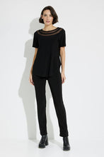 Load image into Gallery viewer, Every lady needs a basic black top in their closet that essentially pairs with every bottom owned. This basic black, short sleeve, tunic length top is anything but basic though! Sheer trim detailing around the neckline, enhances and elevates the look of our Blaire short sleeve top. Elevate your everyday look with this fabulous top. Color -Black. Sheer trim detailing around neckline. Pullover. Tunic length. Short sleeve. Scoop hem.