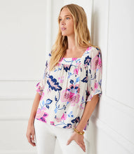 Load image into Gallery viewer, The Corrine Contrast Square Neck Top by Karen Kane is a stylish and versatile piece designed for effortless elegance. Featuring a square neckline and puff sleeves, this top is crafted from 100% viscose for a soft, breathable feel. The Tea Rose Vine Crepe Print, in striking pinks and blues, adds a touch of romance, making it perfect for both casual and dressy occasions.