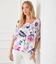 Load image into Gallery viewer, The Corrine Contrast Square Neck Top by Karen Kane is a stylish and versatile piece designed for effortless elegance. Featuring a square neckline and puff sleeves, this top is crafted from 100% viscose for a soft, breathable feel. The Tea Rose Vine Crepe Print, in striking pinks and blues, adds a touch of romance, making it perfect for both casual and dressy occasions.