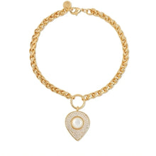 Load image into Gallery viewer, A gold chain bracelet with a heart-shaped pendant featuring a central moonstone surrounded by small clear stones, shown on a plain white background.