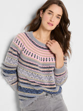 Load image into Gallery viewer, Woman wearing a pink and grey multi fairisle sweater and grey pants against a white wall.