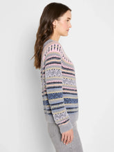 Load image into Gallery viewer, Woman wearing a pink and grey multi fairisle sweater and grey pants against a white wall.