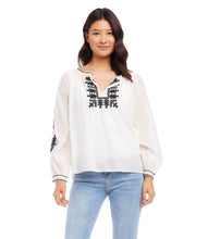 Load image into Gallery viewer, Effortlessly stylish, the Karen Kane Charlee Cream and Black Embroidered Peasant Top offers a timeless blend of charm and comfort. Crafted from lightweight cotton for a breathable, breezy feel, this top features intricate floral embroidery and a flattering split neckline. The voluminous blouson sleeves add a touch of elegance, making it versatile enough for casual days or polished evenings.