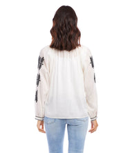 Load image into Gallery viewer, Effortlessly stylish, the Karen Kane Charlee Cream and Black Embroidered Peasant Top offers a timeless blend of charm and comfort. Crafted from lightweight cotton for a breathable, breezy feel, this top features intricate floral embroidery and a flattering split neckline. The voluminous blouson sleeves add a touch of elegance, making it versatile enough for casual days or polished evenings.