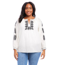 Load image into Gallery viewer, Effortlessly stylish, the Karen Kane Charlee Cream and Black Embroidered Peasant Top offers a timeless blend of charm and comfort. Crafted from lightweight cotton for a breathable, breezy feel, this top features intricate floral embroidery and a flattering split neckline. The voluminous blouson sleeves add a touch of elegance, making it versatile enough for casual days or polished evenings.