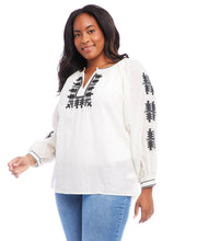 Load image into Gallery viewer, Effortlessly stylish, the Karen Kane Charlee Cream and Black Embroidered Peasant Top offers a timeless blend of charm and comfort. Crafted from lightweight cotton for a breathable, breezy feel, this top features intricate floral embroidery and a flattering split neckline. The voluminous blouson sleeves add a touch of elegance, making it versatile enough for casual days or polished evenings.