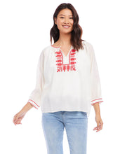 Load image into Gallery viewer, Lightweight cotton gives a breezy quality to this peasant top detailed with charming floral embroidery. Pair this top with high-waist jeans for a polished look. Create the perfect look when paired with our REBECCA RED CAPRI PANT - KAREN KANE Colors- Cream and red. Blouson sleeve. V-neckline. Embroidered. Fabric -100% Cotton.