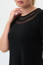 Load image into Gallery viewer, Every lady needs a basic black top in their closet that essentially pairs with every bottom owned. This basic black, short sleeve, tunic length top is anything but basic though! Sheer trim detailing around the neckline, enhances and elevates the look of our Blaire short sleeve top. Elevate your everyday look with this fabulous top. Color -Black. Sheer trim detailing around neckline. Pullover. Tunic length. Short sleeve. Scoop hem.
