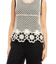 Load image into Gallery viewer, Final Sale Celine Crochet Flower Detail Sweater Tank in Natural with Black - Karen Kane 2L89112