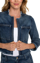 Load image into Gallery viewer, This stunning denim jacket with braided detailing is sure to turn heads! Cropped at the perfect length with a frayed hem, this is a unique item that will pull your outfit together! 