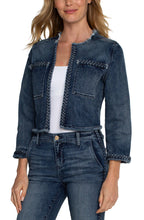 Load image into Gallery viewer, This stunning denim jacket with braided detailing is sure to turn heads! Cropped at the perfect length with a frayed hem, this is a unique item that will pull your outfit together! 