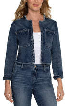 Load image into Gallery viewer, This stunning denim jacket with braided detailing is sure to turn heads! Cropped at the perfect length with a frayed hem, this is a unique item that will pull your outfit together! 