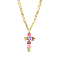 Load image into Gallery viewer, Stunning crystals atop an antique gold-plated brass base make this 32" Ombre Cross necklace a must-have for any wardrobe. Perfect for wearing long or doubled up for a shorter style, the Canadian-made piece will take your look to the next level. Make a statement and express your unique style with this eye-catching necklace. Color- Gold, pink, blue, purple, champagne Crystals. Antique gold-plated brass metal. Length- 32 inches. Can be doubled up for a shorter style.