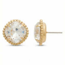 Load image into Gallery viewer, Gold earrings with clear gemstones on a white background