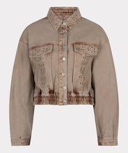Load image into Gallery viewer, This uniquely designed jean jacket is sure to turn heads. Its intricate embroidery adds a touch of femininity to the cool outerwear. Each embroidery features bronze crystals for extra shine.