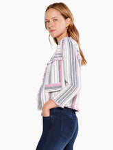 Load image into Gallery viewer, A faded vintage look with thoroughly modern construction, this go-with-anything jacket had quickly become one of our faves. With fringe detailing throughout and functional patch pockets, this piece is perfect blend of a timeless shape and everyday functionality. Wear it with denim on your off days or with your work pants and shake up your office wardrobe. Color - Pink multi. Fashion jacket. Faux pockets. Midweight. Regular fit. Round neck.