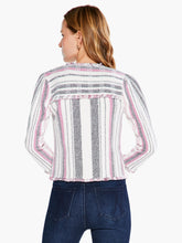 Load image into Gallery viewer, A faded vintage look with thoroughly modern construction, this go-with-anything jacket had quickly become one of our faves. With fringe detailing throughout and functional patch pockets, this piece is perfect blend of a timeless shape and everyday functionality. Wear it with denim on your off days or with your work pants and shake up your office wardrobe. Color - Pink multi. Fashion jacket. Faux pockets. Midweight. Regular fit. Round neck.