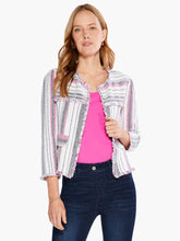 Load image into Gallery viewer, A faded vintage look with thoroughly modern construction, this go-with-anything jacket had quickly become one of our faves. With fringe detailing throughout and functional patch pockets, this piece is perfect blend of a timeless shape and everyday functionality. Wear it with denim on your off days or with your work pants and shake up your office wardrobe. Color - Pink multi. Fashion jacket. Faux pockets. Midweight. Regular fit. Round neck.