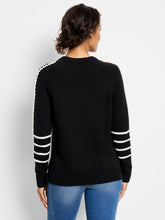 Load image into Gallery viewer, This pullover brings a unique touch to daily wear with its whipstitch detailing along the sleeves and contrasting white stripes on the cuffs. Crafted from a plush version of ultra-soft Zephyr yarn, this sweater provides comfort without sacrificing style. Designed with an easy fit, round neckline, and raglan sleeves, it accentuates a feminine silhouette. The high-low hemline rests at the hip, providing additional coverage at the back