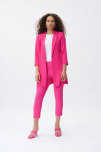 Load image into Gallery viewer, Update your style with this modern, dazzling pink blazer. A relaxed matte twill fabric with side slit detail offers soft tailoring, while the notched collar and three-quarter cuffed sleeves give structure to the longline silhouette. Color- Dazzling pink. Longer design. No buttons. Three quarter cuffed sleeves. Side slits. Notched collar. Fabric - 100% Polyester.