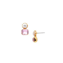 Load image into Gallery viewer, Pair of stud earrings with pastel lilac gemstones, gold accents and pearls on a white background.