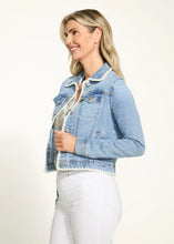 Load image into Gallery viewer, This beautifully crafted denim jacket effortlessly blends a classic silhouette with intricate crochet detailing. The crochet accents add a subtle elegance, making it a standout piece for any wardrobe. Designed with a spread collar and long sleeves, it's the perfect combination of timeless charm and modern femininity. Pair it with your favorite jeans or a flowy dress for a versatile and stylish look.