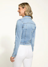 Load image into Gallery viewer, This beautifully crafted denim jacket effortlessly blends a classic silhouette with intricate crochet detailing. The crochet accents add a subtle elegance, making it a standout piece for any wardrobe. Designed with a spread collar and long sleeves, it's the perfect combination of timeless charm and modern femininity. Pair it with your favorite jeans or a flowy dress for a versatile and stylish look.