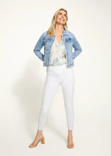 Load image into Gallery viewer, This beautifully crafted denim jacket effortlessly blends a classic silhouette with intricate crochet detailing. The crochet accents add a subtle elegance, making it a standout piece for any wardrobe. Designed with a spread collar and long sleeves, it's the perfect combination of timeless charm and modern femininity. Pair it with your favorite jeans or a flowy dress for a versatile and stylish look.
