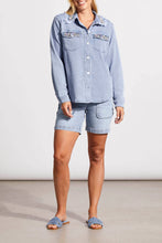 Load image into Gallery viewer, There's really no need to wear jewelry when you wear this fabulous denim shacket. The classic denim shacket gets a refreshing update this season with eye-catching rhinestone embellishments in all sorts of colors and shapes meticulously set on the collar and pockets. Wear this statement piece and be prepared to get noticed!