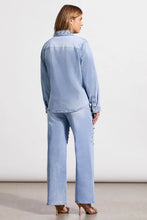 Load image into Gallery viewer, This striking sparkle and shine denim shirt perfectly brings together casual style with glamorous flair, adorned with striking rhinestone details in clear, pink, and red. It boasts a snap-up front, long sleeves with open cuffs, a crisp collar, and practical chest pockets, making it as functional as it is fashionable. 