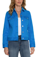 Load image into Gallery viewer, Enhance your wardrobe with a pop of vibrant color by adding this classic Diva Blue jean jacket. This versatile layering piece is made with comfortable fabric that maintains its shape. Perfectly complete any outfit by pairing it with its matching Hannah Crop Flare counterpart for a stylish and contemporary look. Color - Diva blue. Two front flap pockets. Two seam side pockets. 6-button front closure. Silver metal buttons. 23" HPS.