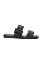 Load image into Gallery viewer, These fabulous black sandals boast a combination of style and function, with detailed quilted stitching that enhances your everyday sandal. The contemporary square toe design adds a sense of refinement. 