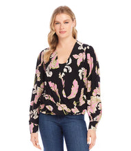 Load image into Gallery viewer, Crafted from high-quality crepe material, this Dariana Drape Front Top in Pink Multi Floral Print boasts an elegant chalk floral print. Effortlessly chic, it can be paired with your favorite jeans or trousers for a stylish look, or complete the ensemble with our matching Brissa Bias Cut Midi Skirt in Pink Floral Print for a versatile and feminine outfit.