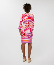 Load image into Gallery viewer, Make a statement with the EsQualo Disco Hit Dress, designed for effortless elegance and bold style. This sleeveless dress features a round neckline and dazzling bead embellishments, adding a touch of glamour to your wardrobe. The multicolored abstract print blends vibrant hues of pink, red, orange, cream and purple creating a playful yet sophisticated look.