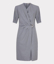 Load image into Gallery viewer, Gray cinched dress with a silver buckle against a white background.