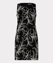 Load image into Gallery viewer, Black sleeveless dress with off-white floral embroidery against a white background.