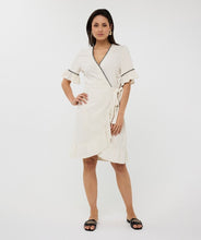 Load image into Gallery viewer, The EsQualo Fancy Contrast Stitch Linen Dress is a chic, breathable linen dress featuring elegant contrast stitching for a stylish touch. Available in Sand, this lightweight, effortless piece is perfect for warm-weather days. Designed for comfort and sophistication, it’s a must-have for a versatile, polished look.
