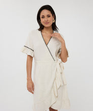 Load image into Gallery viewer, The EsQualo Fancy Contrast Stitch Linen Dress is a chic, breathable linen dress featuring elegant contrast stitching for a stylish touch. Available in Sand, this lightweight, effortless piece is perfect for warm-weather days. Designed for comfort and sophistication, it’s a must-have for a versatile, polished look.
