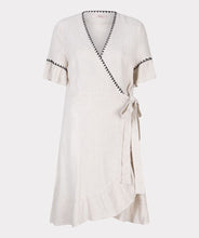 Load image into Gallery viewer, The EsQualo Fancy Contrast Stitch Linen Dress is a chic, breathable linen dress featuring elegant contrast stitching for a stylish touch. Available in Sand, this lightweight, effortless piece is perfect for warm-weather days. Designed for comfort and sophistication, it’s a must-have for a versatile, polished look.