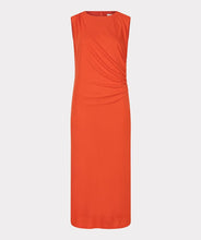Load image into Gallery viewer, The EsQualo Dress Long Gathering is a stunning statement piece designed for effortless elegance and comfort. Featuring a vibrant red-orange hue, this midi length dress exudes warmth and sophistication, making it perfect for both casual and formal occasions.