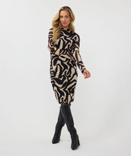 Load image into Gallery viewer, Turn heads in this timeless mesh dress featuring a captivating harmony print. Designed with sheer sleeves and ruched detailing on one side, this fabulous dress is crafted from stretchy fabric for ultimate comfort and style.
