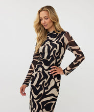 Load image into Gallery viewer, Turn heads in this timeless mesh dress featuring a captivating harmony print. Designed with sheer sleeves and ruched detailing on one side, this fabulous dress is crafted from stretchy fabric for ultimate comfort and style.